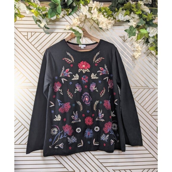 J Jill Women's Black Cotton Wool Floral Embroidered Pullover Sweater Size Medium - Picture 1 of 8